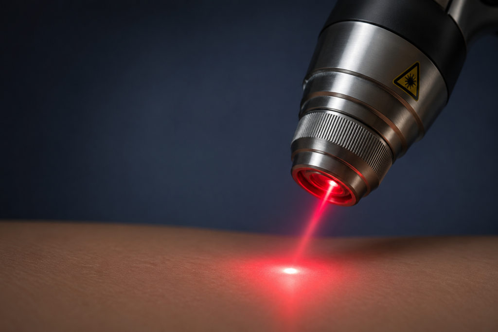 Conceptual illustration of a therapeutic laser. The visible beam is artistically rendered to illustrate collimated light delivery and should not be interpreted as a representation of a specific device or optical configuration.