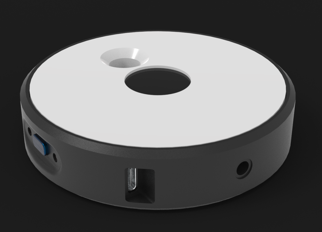 Optiverity spectral irradiance measurement instrument — top and side view showing spectrometer aperture and ToF sensor port
